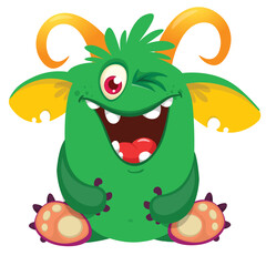 Fototapeta premium Funny Halloween monster character with horns waving hands isolate