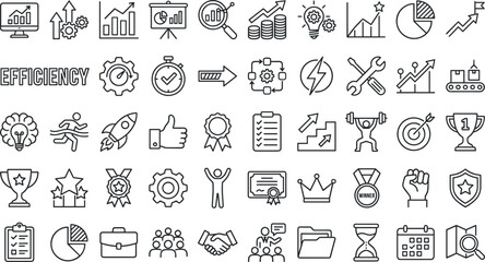 Fototapeta premium Business Efficiency and Performance Line Icon Set with Growth Success Symbols for Corporate Management Apps, Data Analytics Websites, and Productivity Vector Designs