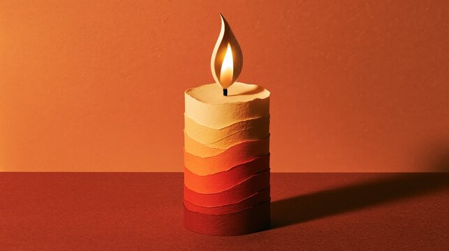 Layered cut paper illustration of a plain candle burning steadily with subtle texture and a considered neutral palette