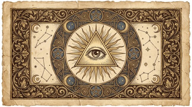 Vintage All Seeing Eye with Esoteric Celestial Symbols