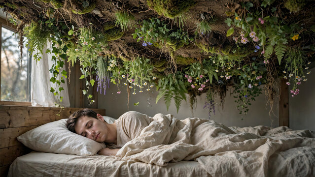 Surreal photo of a person sleeping in bed while a lush green blooming garden grows upside down on ceiling
