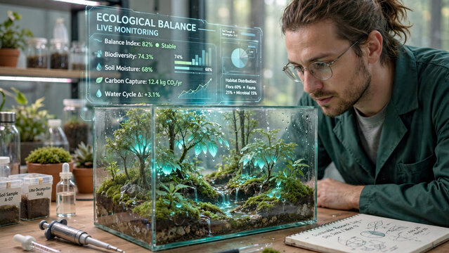 Researcher looking at forest model with glowing leaves and water drops visualizing ecological balance data