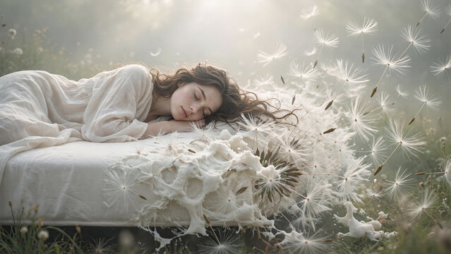 Creative concept photo of a serene woman sleeping on a white mattress dissolving into giant dandelion seeds