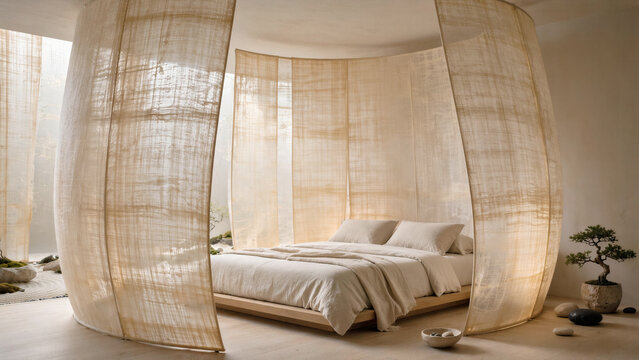 Luxury minimalist bed enclosed by tall curved partitions made of translucent textured papyrus paper screens