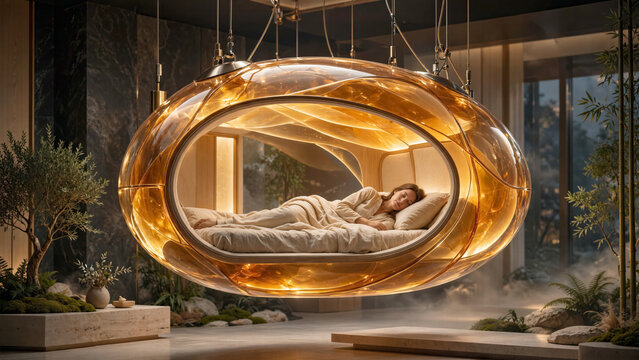 High concept wellness visual of a person sleeping inside a massive suspended capsule made of glowing warm amber
