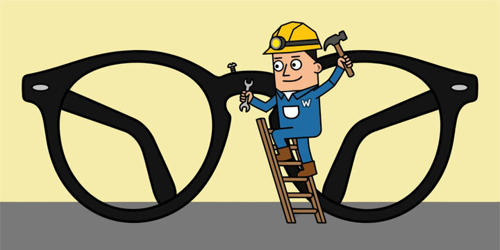 Cartoon construction worker fixing giant black eyeglasses on a ladder symbolizing vision care and optical maintenance services