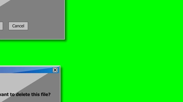 A 2D animation displays a cluster of overlapping retro computer dialog boxes prompting 'Are you sure you want to delete this file?' against a green screen background
