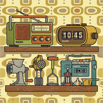 Vintage retro kitchenware and electronic gadgets on shelves vector illustration