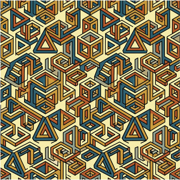 Abstract seamless isometric geometric pattern with interlocking optical illusion structures, stairs, and blocks
