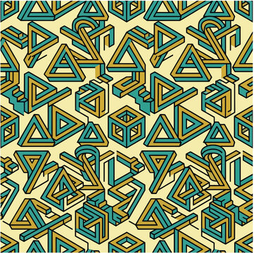 Abstract Seamless Pattern of Impossible Geometric Shapes Penrose Triangle and Paradoxical Optical Illusions in Teal and Yellow Vector Illustration