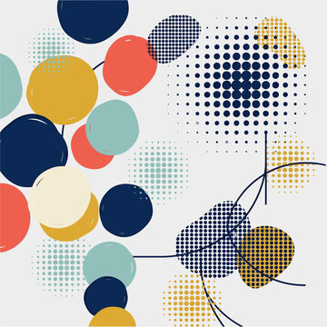 Abstract geometric art featuring colorful circles and halftone textures in a modern layout