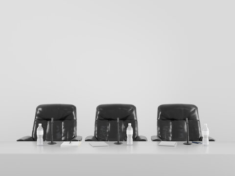 3D Render Press Conference Table Mockup with Microphones and Chairs. Modern Official Media Briefing Room Stage Mockup Template for Corporate Event