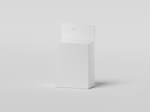 Realistic 3D Render Small Packaging Box Mockup with Euro Slot Hanging Tab. Blank Cardboard Computer Mouse Package Box Mockup on Studio Background