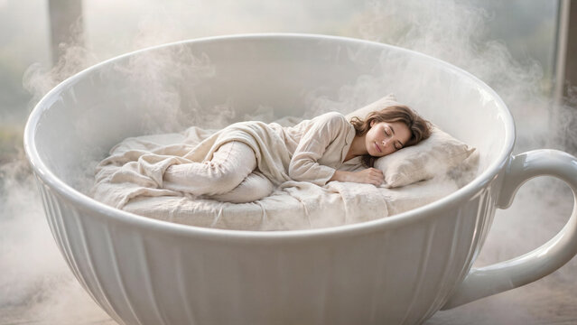 Surreal wellness photography of a serene woman sleeping on a mattress floating inside a colossal white teacup