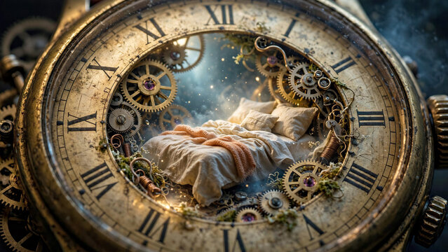 Surreal macro photography of a cozy bed seamlessly integrated into the glowing face of a giant antique watch