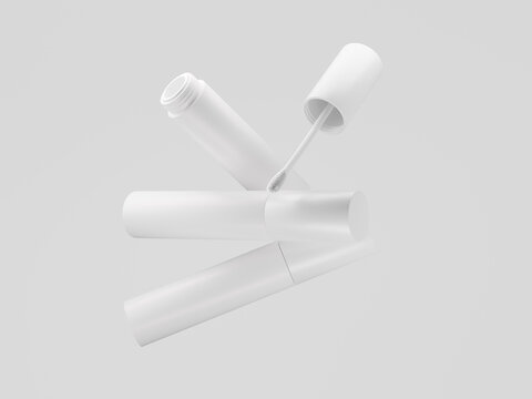 Floating 3D Render Liquid Lipstick and Lip Gloss Cosmetic Tube Package Mockup. Elegant Floating Cosmetic Lip Applicator Bottle Mockup Set in Studio