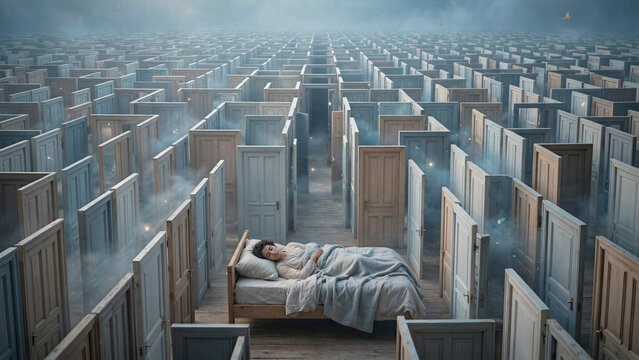 Psychological health visual of a person sleeping in a bed located in the center of an infinite door labyrinth
