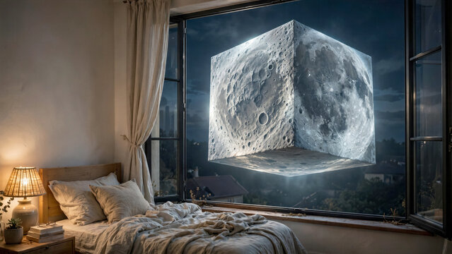 Geometric surrealism photo of a colossal glowing cube with the texture of the moon floating outside a bedroom