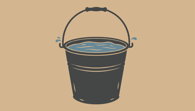 Vintage metal bucket filled with clear sloshing water isolated on a warm brown background vector illustration.