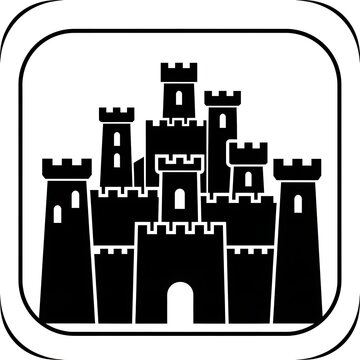 Black castle icon with towers on a square frame