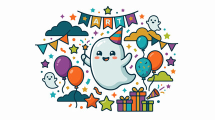Fototapeta premium Cute Ghost Celebrating Art with Balloons and Gifts