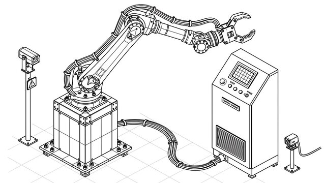 Industrial robotic arm assembly line white background.