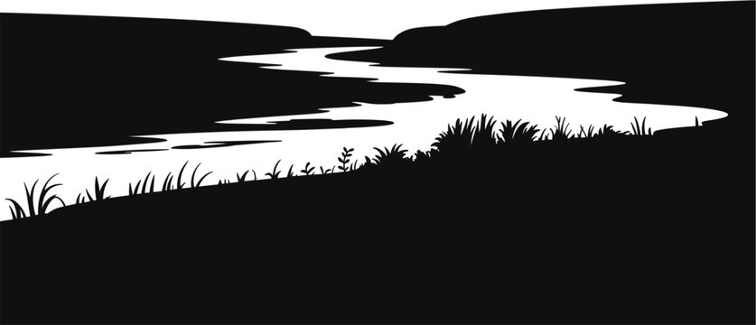 Minimalist black and white river landscape silhouette with flowing water, grassy shoreline and peaceful natural scenery
