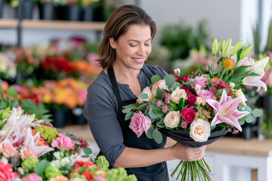 Florist arranging colorful bouquet in flower shop