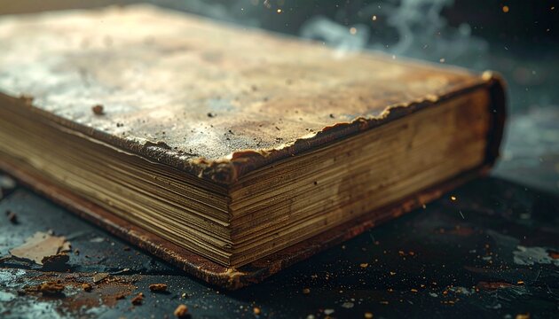 Close up of an antique weathered book with aged yellow pages and worn leather cover on a dark background with dust particles and magic smoke