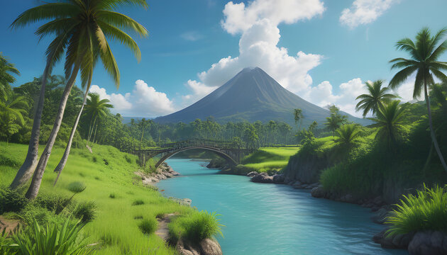 Winding turquoise river bordered by lush green banks tall palm trees and symmetrical cone shaped mountain under bright blue sky. Nature concept
