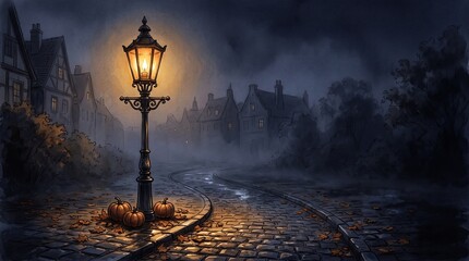Fototapeta premium Glowing Victorian Street Lamp Illuminating A Mysterious Cobblestone Path In A Dark Foggy Village