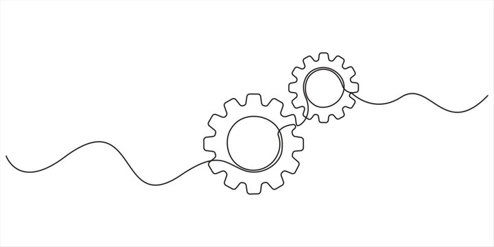 gear continuous one line drawing, continuous one line drawing of three interlocking gears or cogs. Minimalist technology, process, and engineering vector illustration, Continuous one line gear art. 