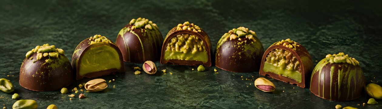 Gourmet chocolate pralines filled with rich green pistachio cream create delightful treat that excites senses and satisfies cravings