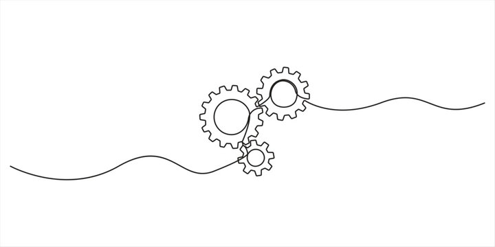 gear continuous one line drawing, continuous one line drawing of three interlocking gears or cogs. Minimalist technology, process, and engineering vector illustration, Continuous one line gear art. 