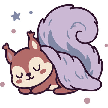 Cute cartoon sleeping squirrel covered with its big fluffy purple tail like a blanket sticker illustration