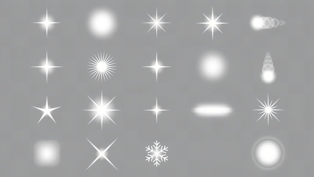Glowing white lens flare set, 20 sparkling light effect icons, bright starburst and sunbeam collection on gray background