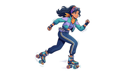 Fototapeta premium A stylish cartoon character roller skating dynamically, wearing modern casual sportswear, sleek roller skates, and a confident energetic expression. Clean contemporary vector illustration, smooth geom
