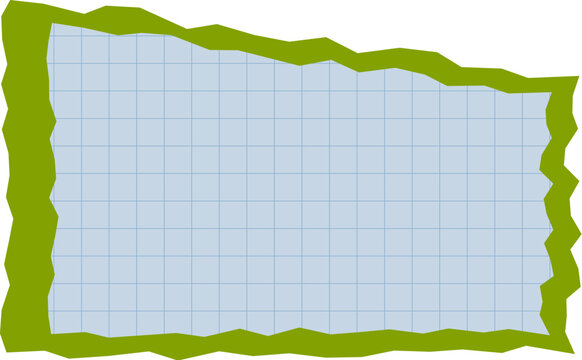 A rectangular piece of light blue graph paper with a jagged, rough green border edge a