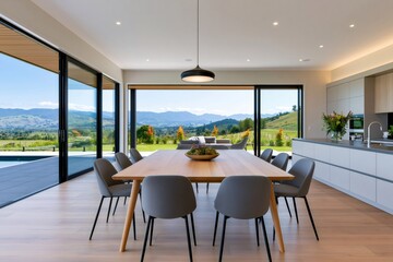 Fototapeta premium Modern luxury house interior with stunning mountain view