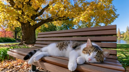 Fototapeta premium Cat sleeping peacefully on park bench in autumn