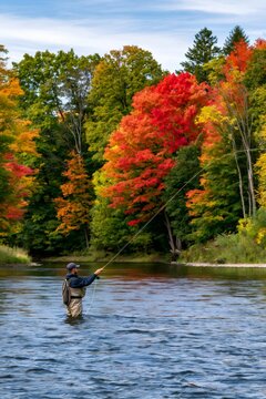 Fisherman fly fishing in autumn river with colorful trees