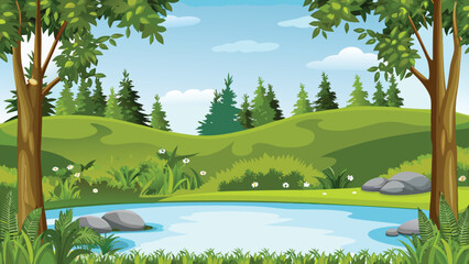 Lush forest landscape with a tranquil pond and green rolling hills © PUNNABEGUM