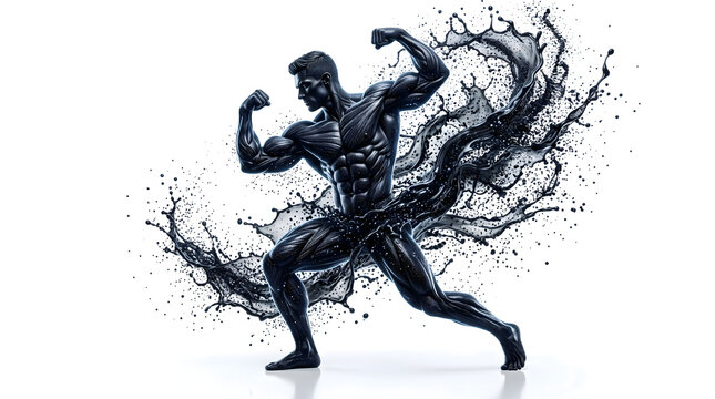 AI-generated photorealistic muscular athlete formed from luminous black particles and frozen protein splash, white background, premium fitness advertising concept, 8K