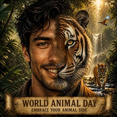 Naklejka premium Man face merges with tiger in jungle, animal day celebration poster.