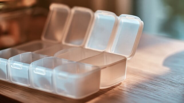 Tight macro of an open weekly pill organiser with every compartment in view framed simply with plenty of empty space for copy