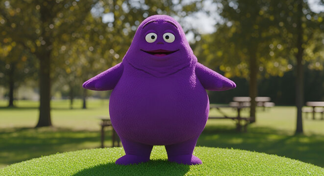 Cute funny purple monster character standing on green grass lawn in sunny public park 3d illustration