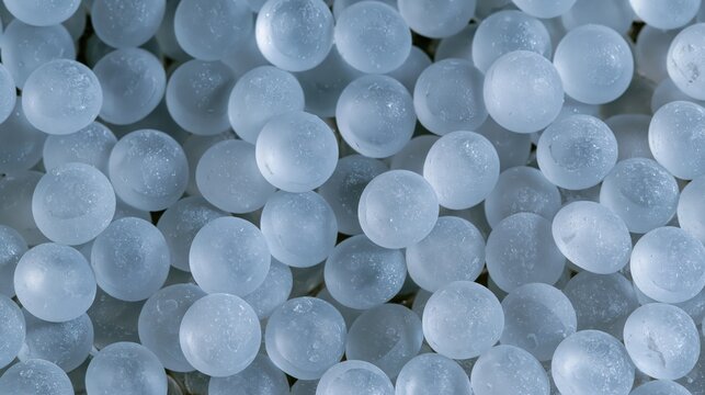 Tight macro of frosted glass beads pressed close into a shallow tray arranged simply with plenty of empty space for copy