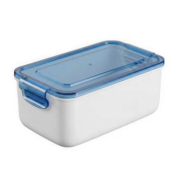 Empty rectangular food storage container with a blue locking lid for kitchen organization