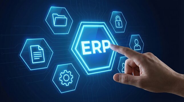 Erp software system for enterprise resource planning workflow with digital icons and hand pointing on virtual screen