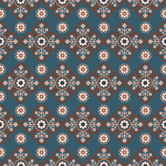 Modern traditional Thai design seamless geometric floral motif in teal, brick brown, and cream tones for wallpaper, rug, table cloth, fabric, or tile flooring © เทรเวอร์ ทรี